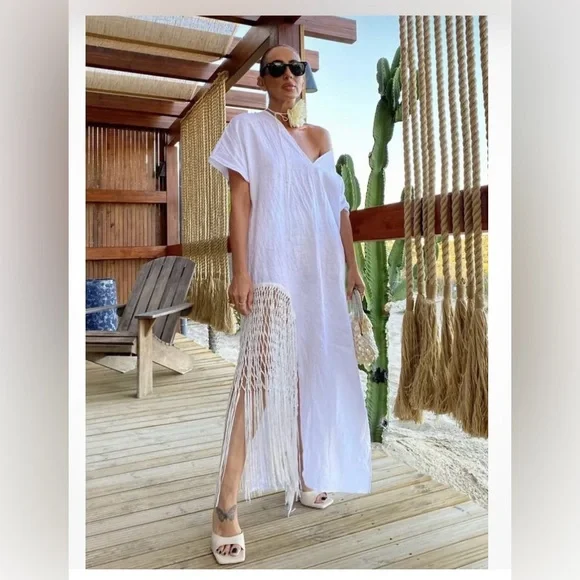 NEW ZARA 2023 WHITE LINEN LONG TUNIC DRESS WITH FRINGE SIZE XS RARE 7495/810 - Picture 2 of 5